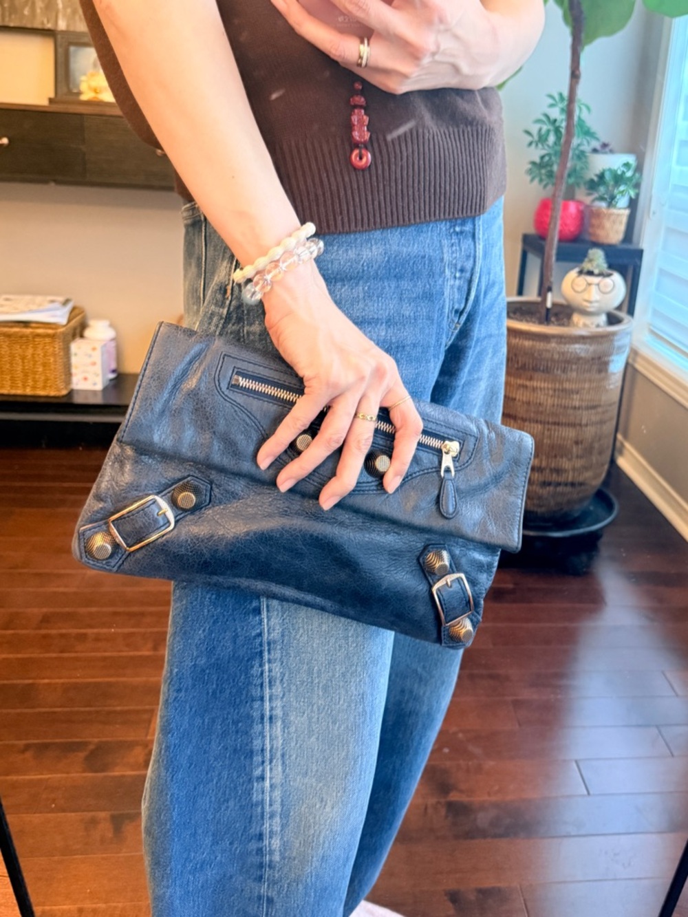 Balenciaga Blue Fold-Over Leather Clutch with Brass Hardware